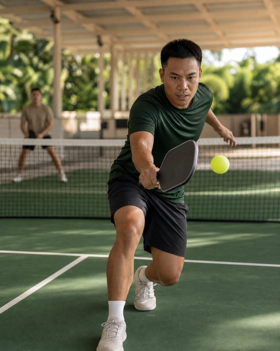 A pickleball player reaching forward to return the ball near the net